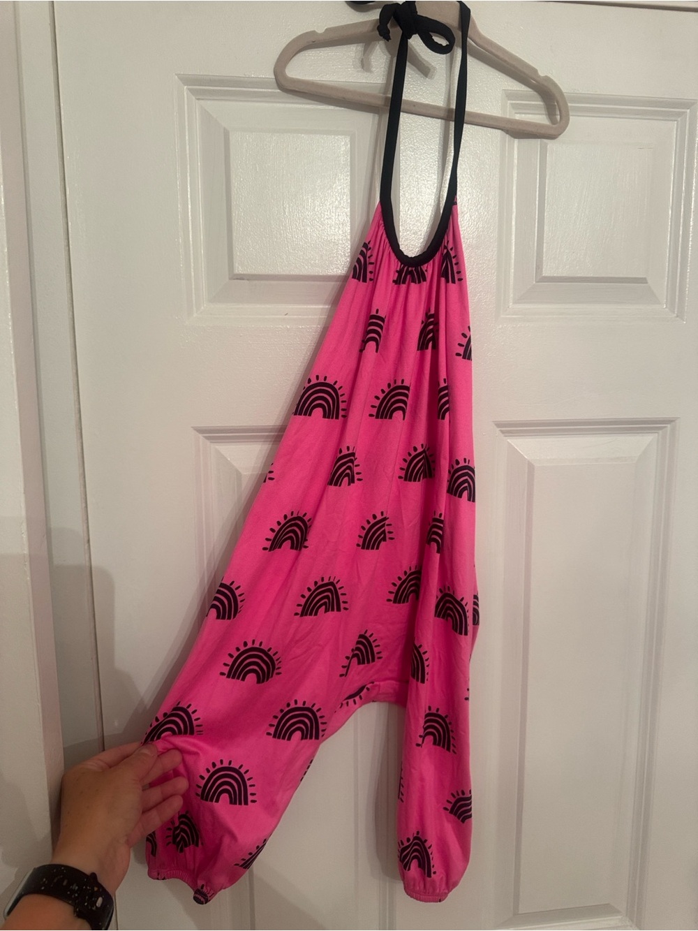 Pixielane Pink Halter One-Piece Romper with Black Rainbow Print